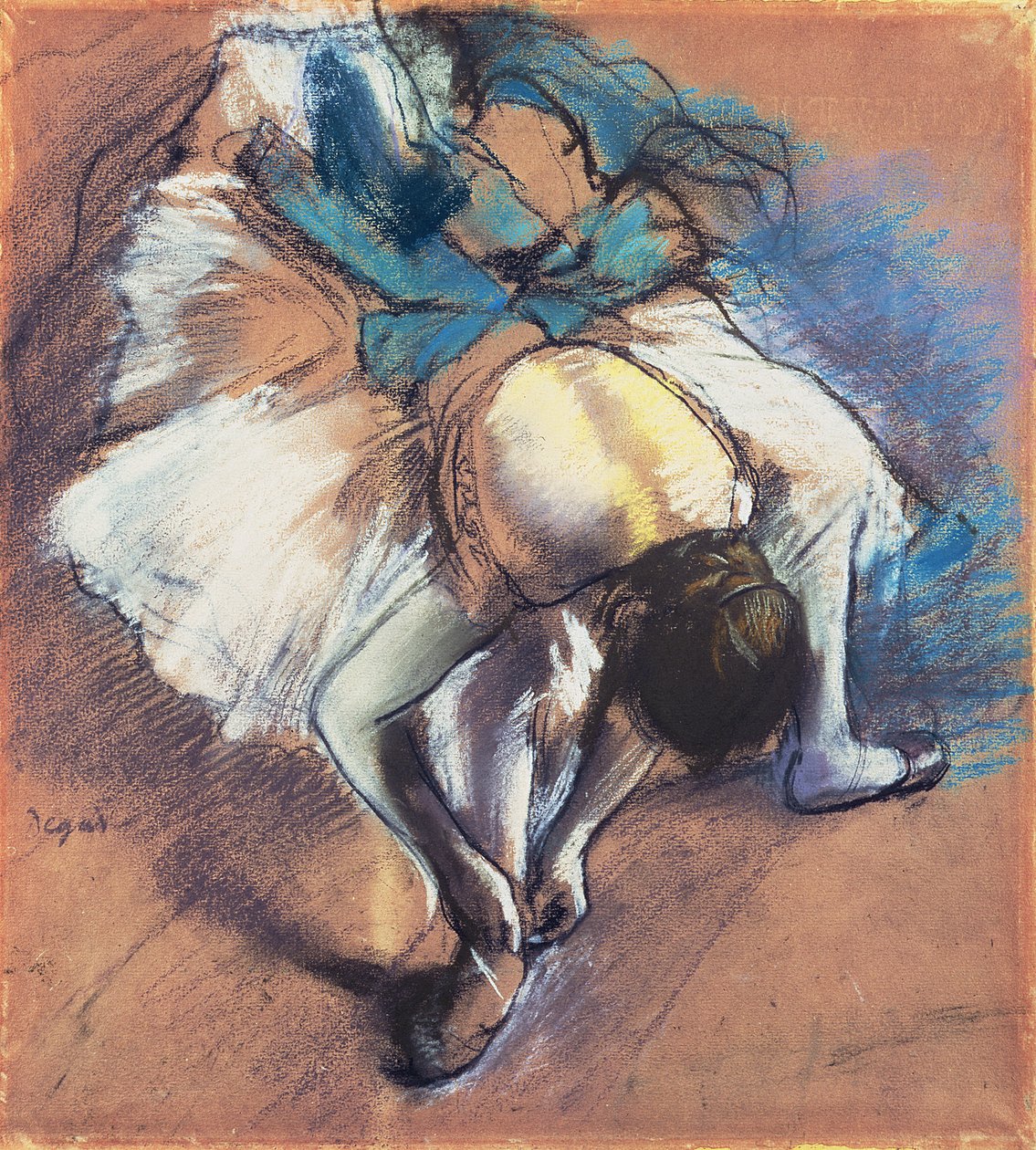 Dancer Fastening her Pump, n. 1880-85 (pastelli ja musta liitu kiillotuspaperilla) tekijältä Edgar Degas