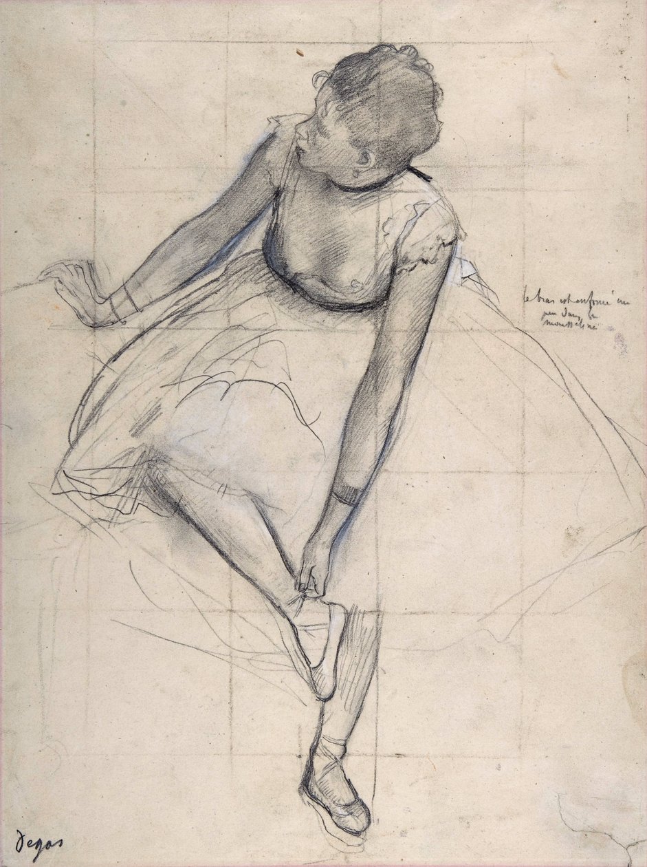 Tanssija säätelee kenkiään (ballerina). Edgar Degasin (1834-1917) piirustus New York Citystä. Metropolitan Museum of Art. tekijältä Edgar Degas