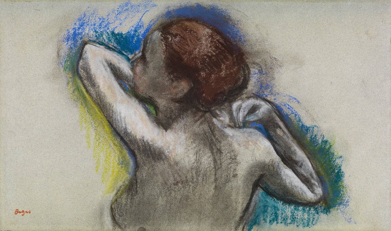 Tanssija säätelee olkahihnaansa, n. 1895-1900 (hiili ja pastelli paperille) tekijältä Edgar Degas