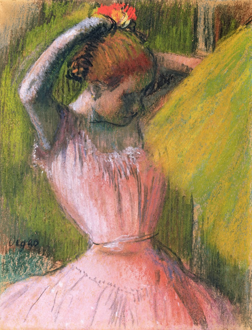 Tanssija järjestämässä hiuksiaan, n. 1900-12 tekijältä Edgar Degas