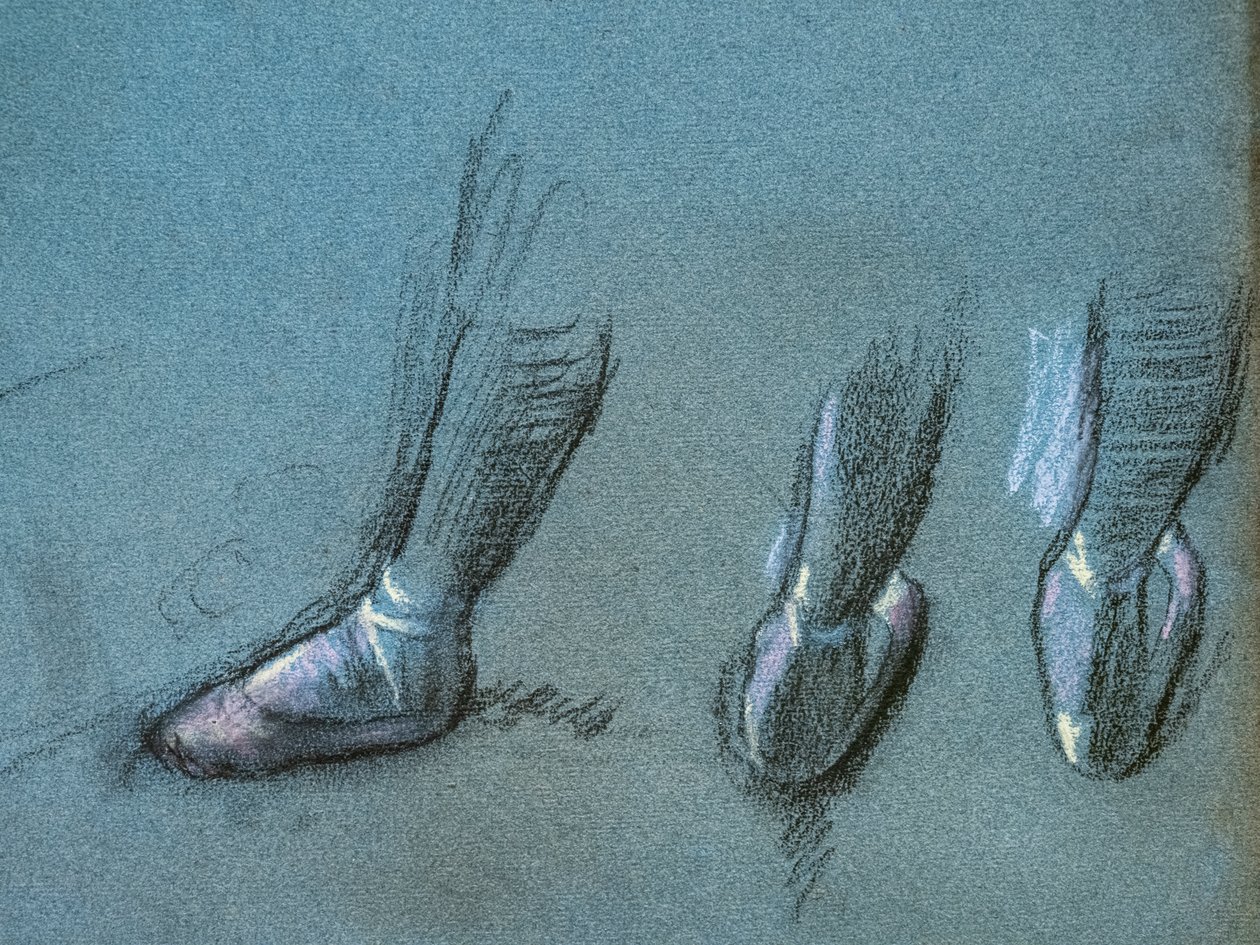 Tanssija selästä ja kolme jalkatutkimusta (yksityiskohta). Noin 1878. Hiiltä ja pastellia paperilla tekijältä Edgar Degas