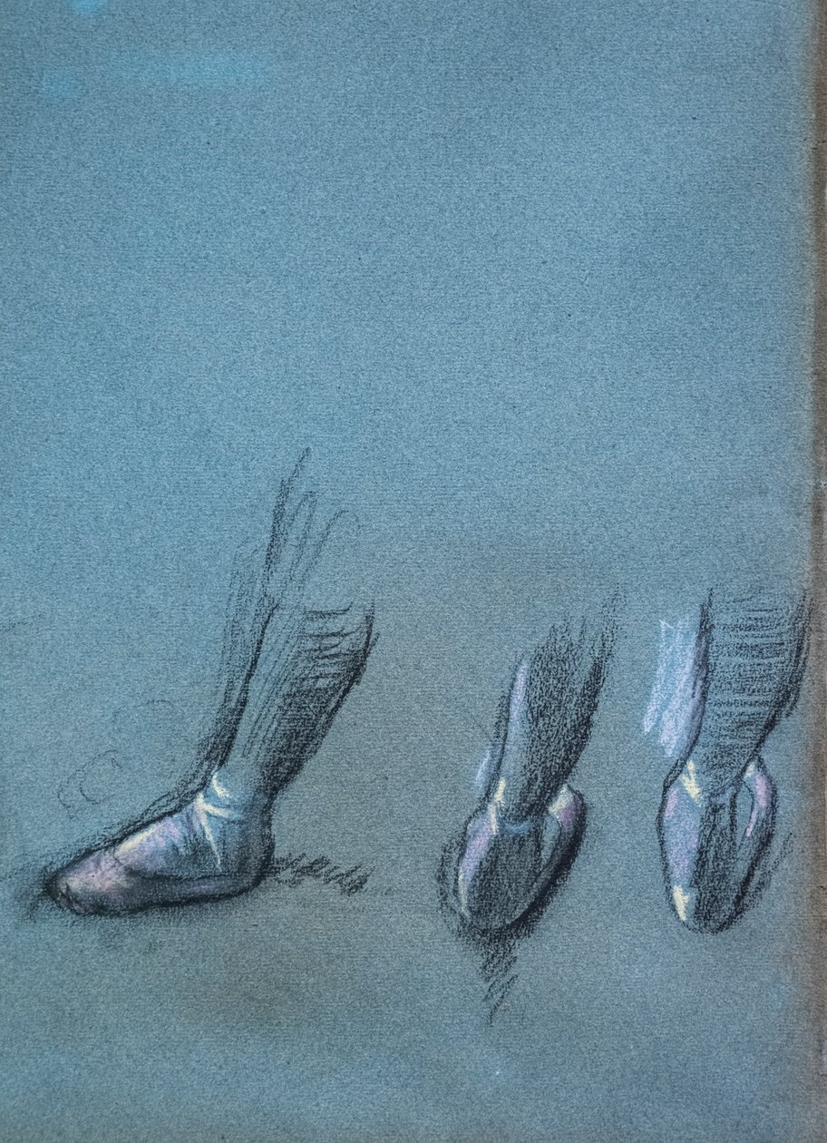 Tanssija selästä ja kolme jalkatutkimusta (yksityiskohta). Noin 1878. Hiiltä ja pastellia paperilla tekijältä Edgar Degas