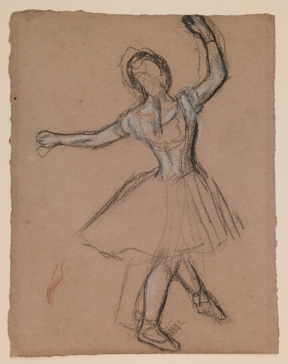 Tanssija lavalla ja liikkeessä, n.1880-85 (valkoinen, musta ja punainen kangasaliitu) tekijältä Edgar Degas