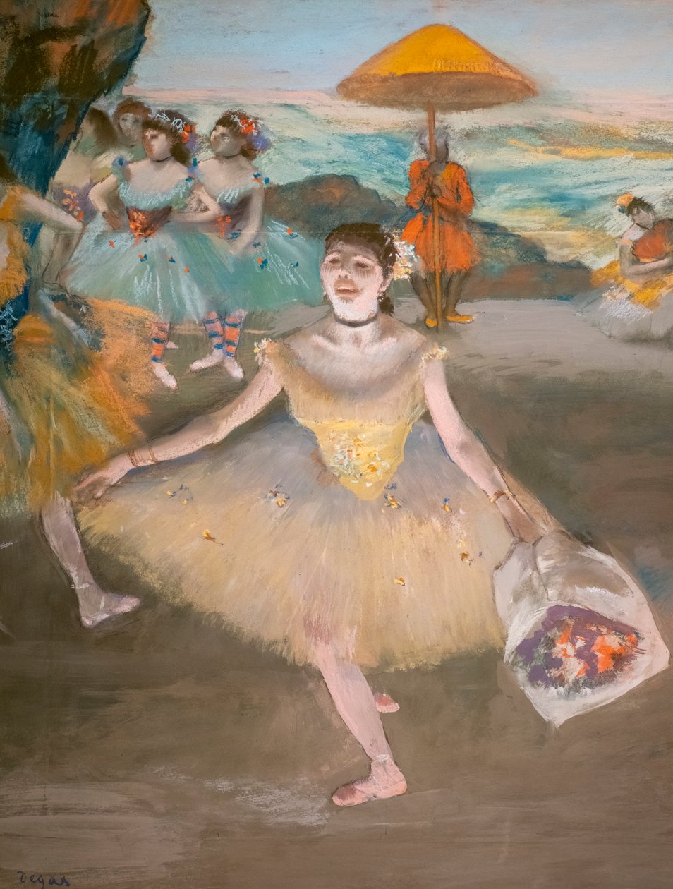 Tanssija tervehdyskimpun kanssa (yksityiskohta). 1878. Pastelli veliinipaperilla Maroufle kankaalle. tekijältä Edgar Degas