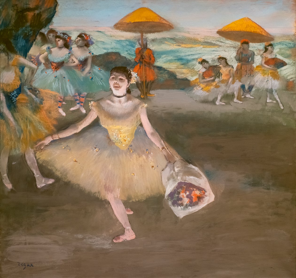 Tanssija tervehdyskimpun kanssa. 1878. Pastelli veliinipaperilla Maroufle kankaalle. tekijältä Edgar Degas