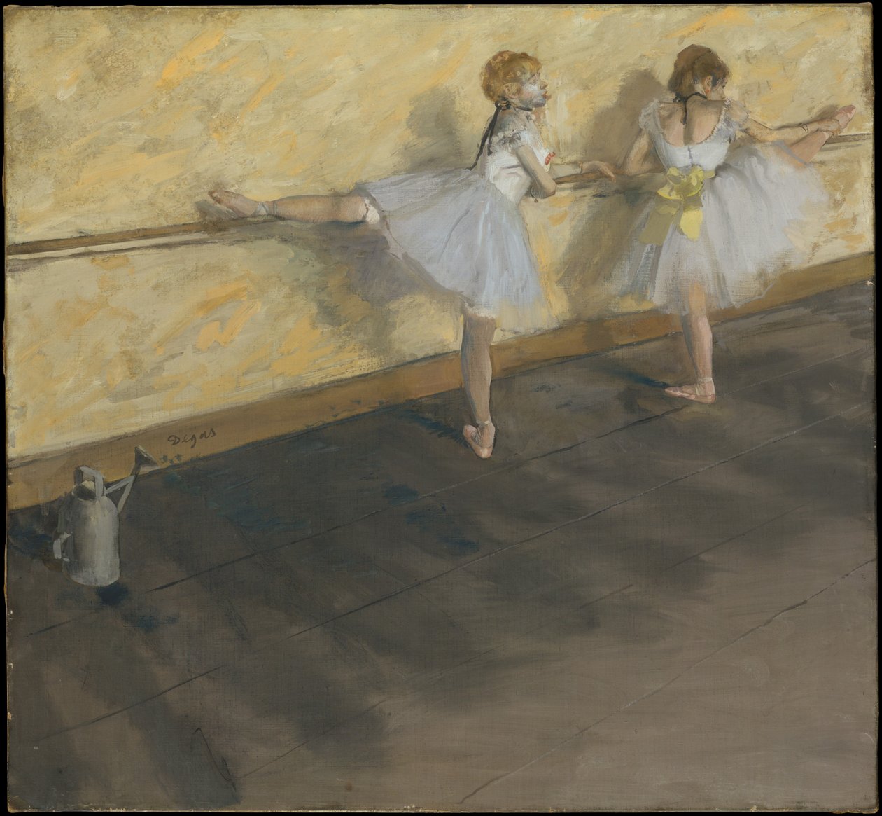 Tanssijat harjoittelevat barre-tangon äärellä tekijältä Edgar Degas