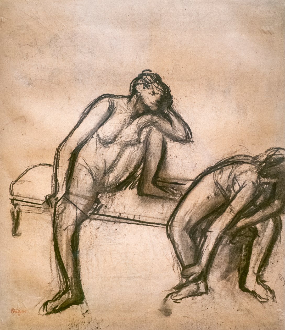 Tanssijat levossa. Noin 1900. Puuhiili paperilla liimaa pahviin. tekijältä Edgar Degas