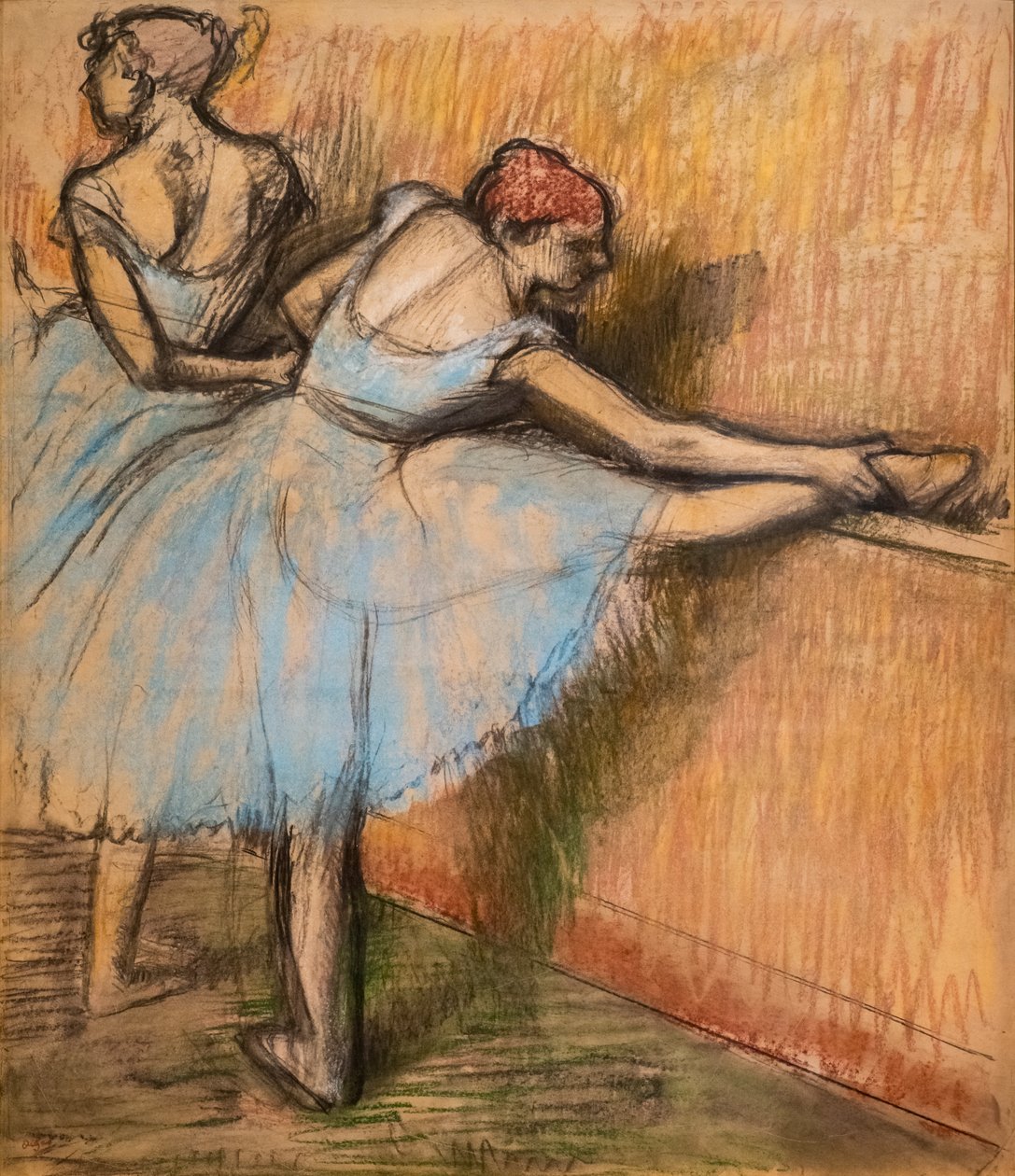 Tanssijat ruorissa. Noin 1900. Hiiltä ja pastellia kuultopaperilla liima kokonaan kartongille. tekijältä Edgar Degas
