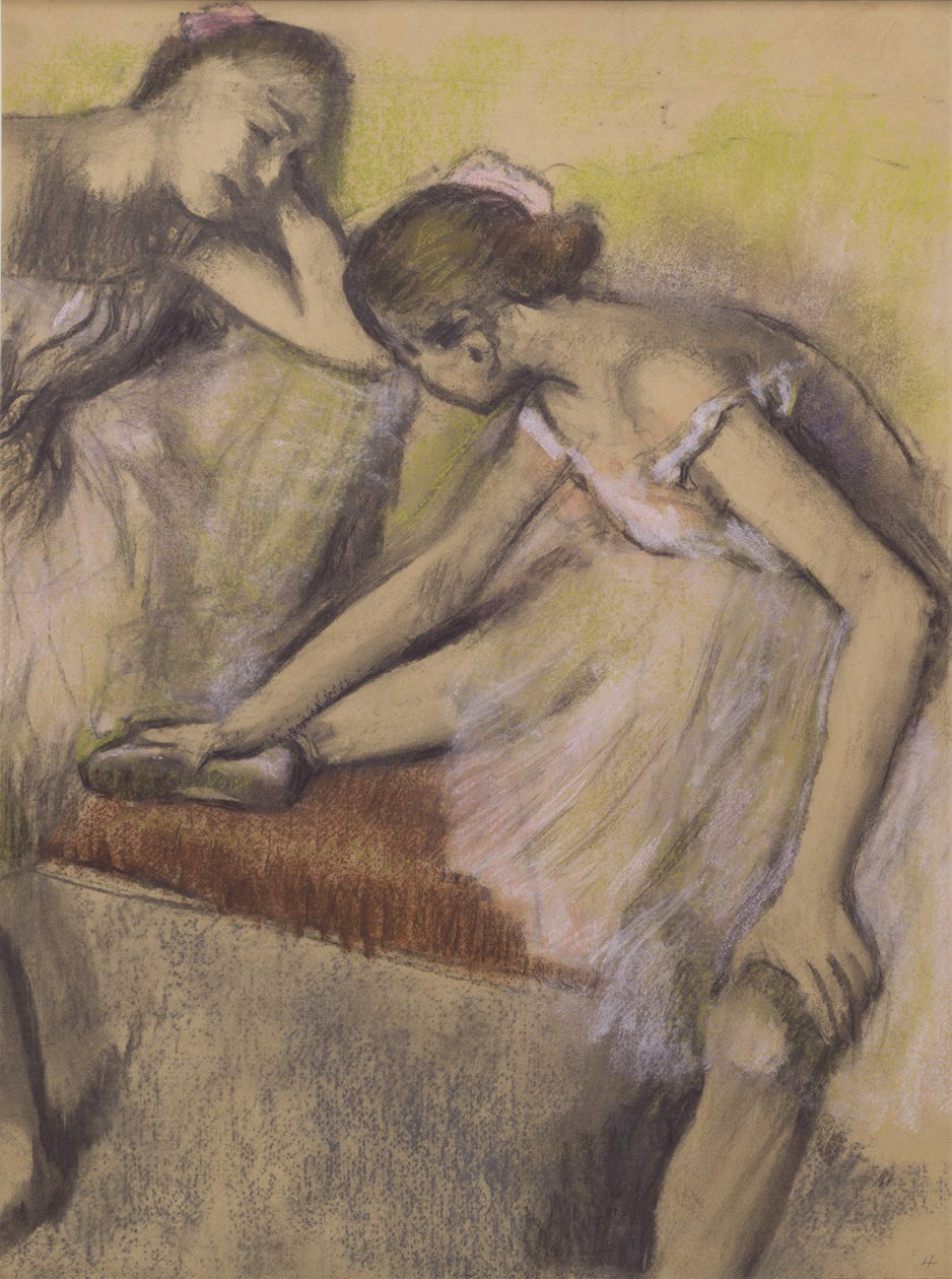 Dancers in Repose, n. 1898 (pastelli ja puuhiili ohuella kudottupaperilla kiinnitettynä ohueen tukilevyyn) tekijältä Edgar Degas