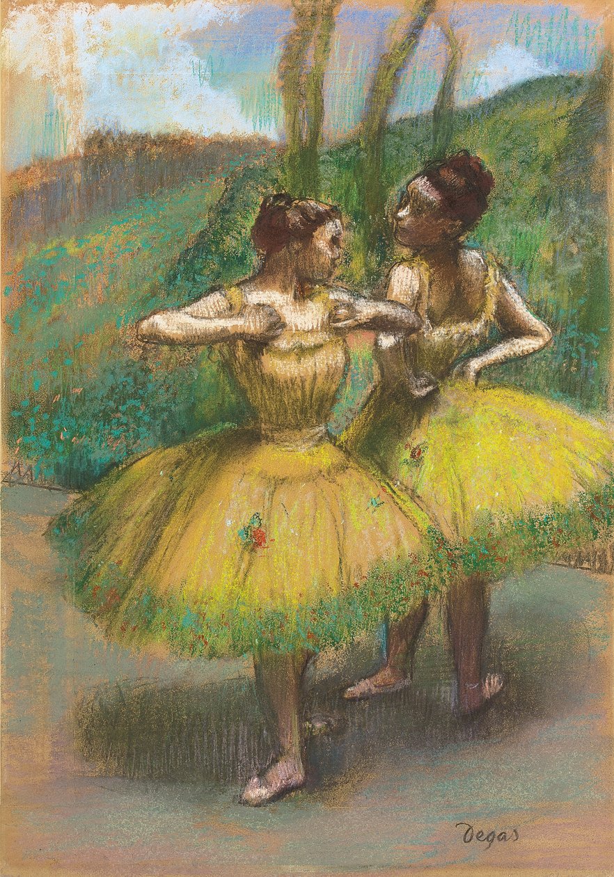 Tanssijat keltaisilla mekoilla; Danseuses jupes jaunes, n. 1896 (pastelli ja puuhiili liitetylle paperille) tekijältä Edgar Degas