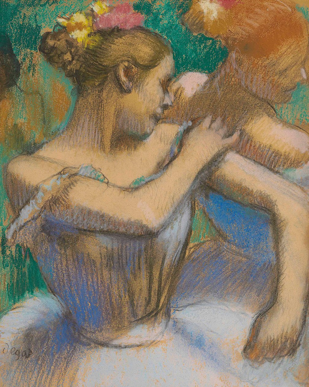 Tanssija säätää olkatoppauksiaan tekijältä Edgar Degas