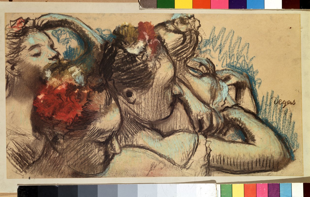 Tanssijat. Balerinat (tähtitanssijat) säätelevät asujaan pukuhuoneissa (backstage) ennen tanssimista lavalle. Edgar Degasin (1834-1917) piirustus tekijältä Edgar Degas
