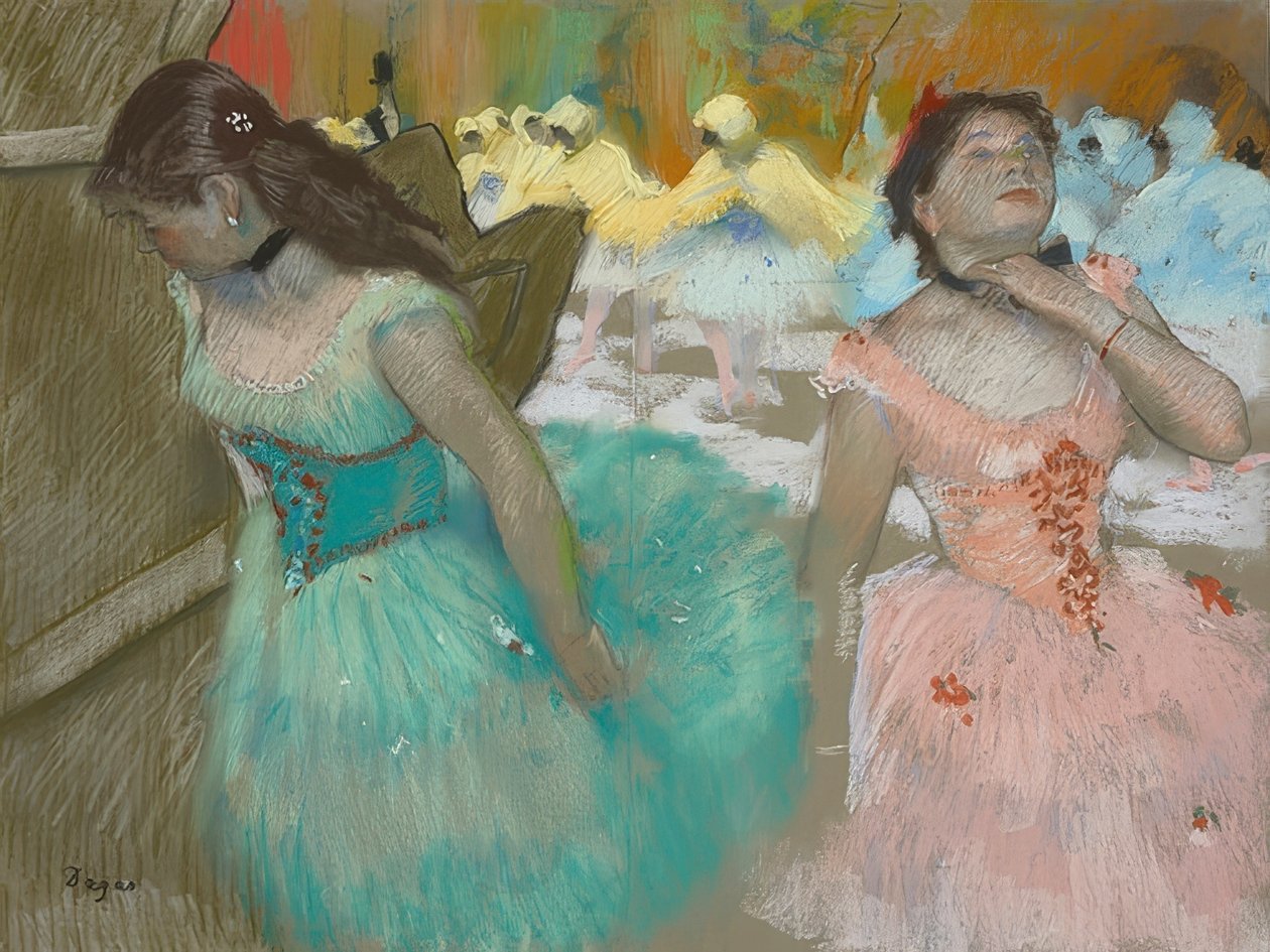 Naamioituneiden tanssijoiden sisäänpääsy. Noin 1879 tekijältä Edgar Degas