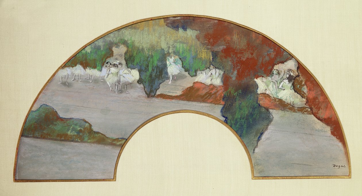Viuhka, n. 1879 (guassi ja pastelli silkillä) tekijältä Edgar Degas