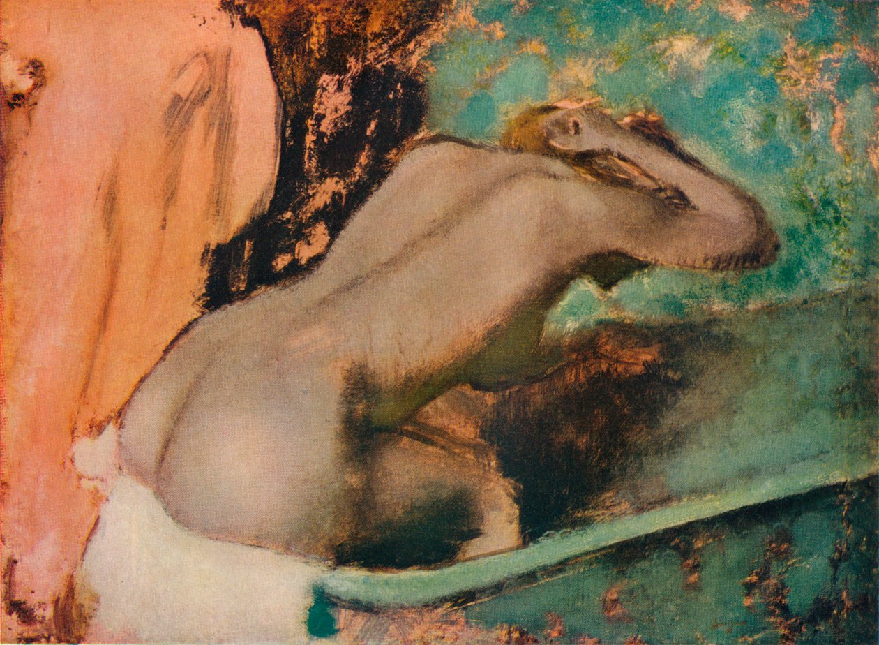 Nainen istuu kylvyn reunalla ja pyyhkii niskaansa, c1880, 1936 tekijältä Edgar Degas