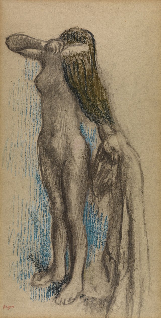 Nainen tekemässä hiuksia, n. 1887-1890 (hiili ja kynä paperille) tekijältä Edgar Degas