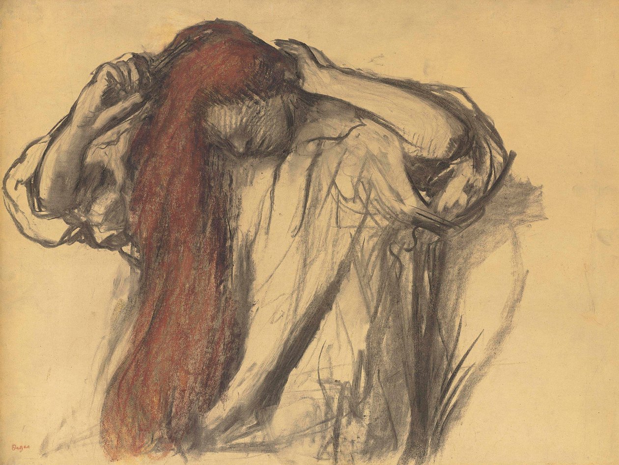 Nainen muotoilee hiuksiaan tekijältä Edgar Degas