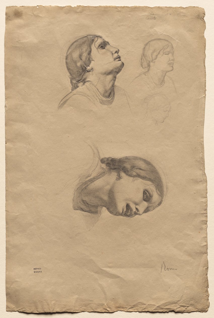 Neljä tutkimusta nuoren italialaisen naisen päästä, 1856. tekijältä Edgar Degas