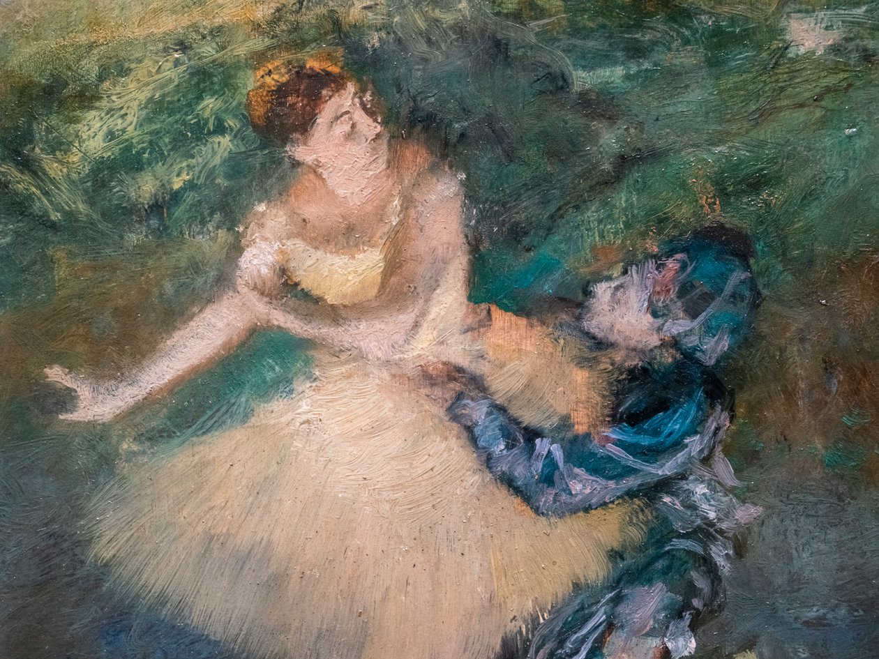 Harlequin ja Colombine (yksityiskohta). Noin 1895. Öljy puulle. tekijältä Edgar Degas