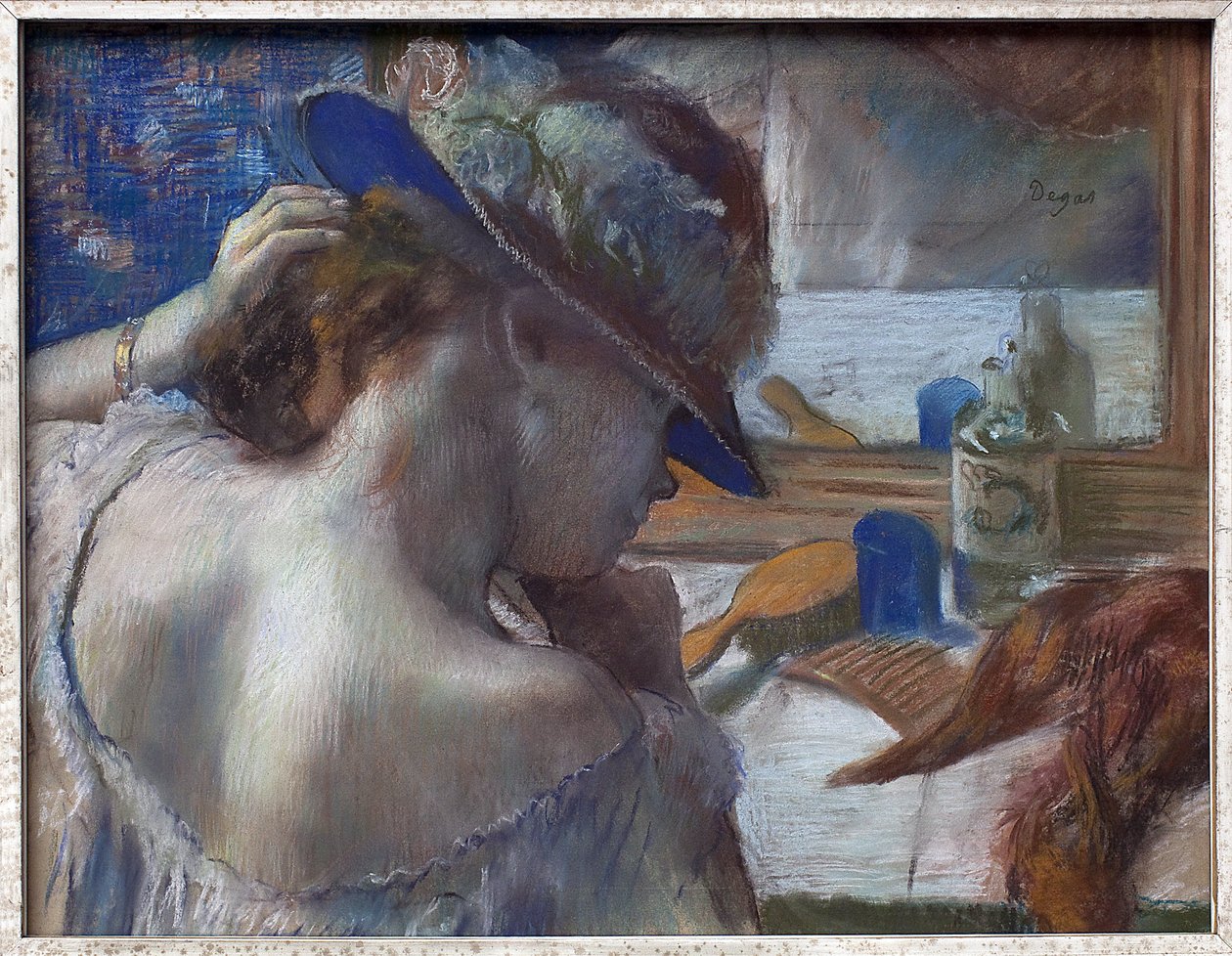 Peilin edessä. Edgar Degasin (1834-1917) työ, pastelli noin 1889. Ranskalainen taide tekijältä Edgar Degas