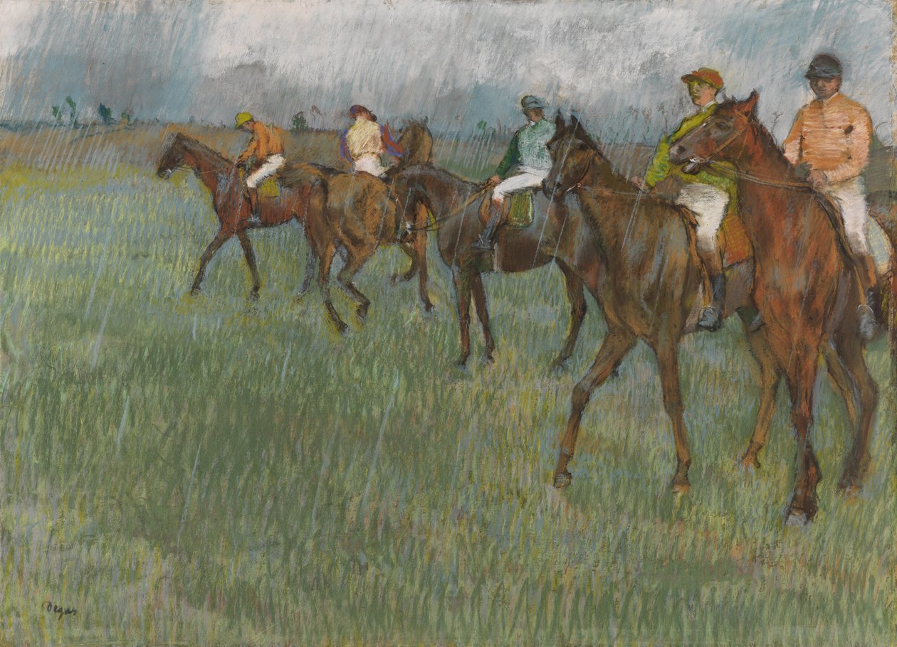 Jockeys in the Rain, n.1886 (pastelli paperille) tekijältä Edgar Degas