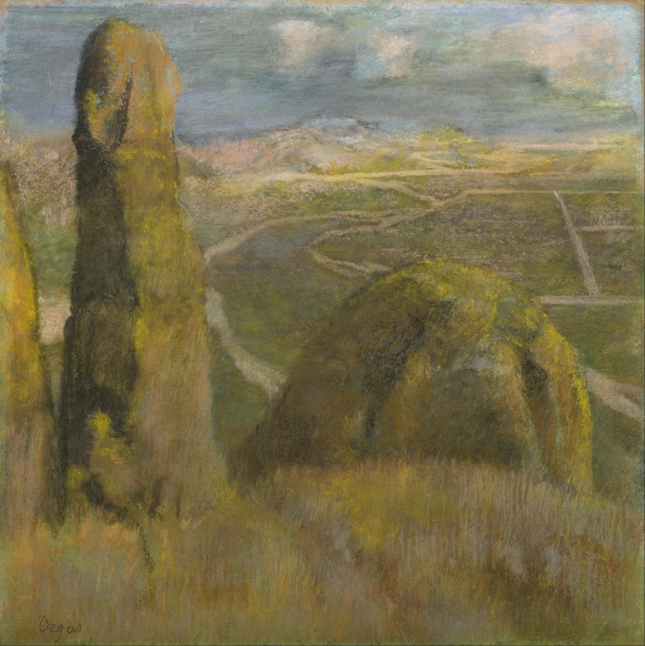 Maisema, noin 1892 (pastelli kartongille). tekijältä Edgar Degas