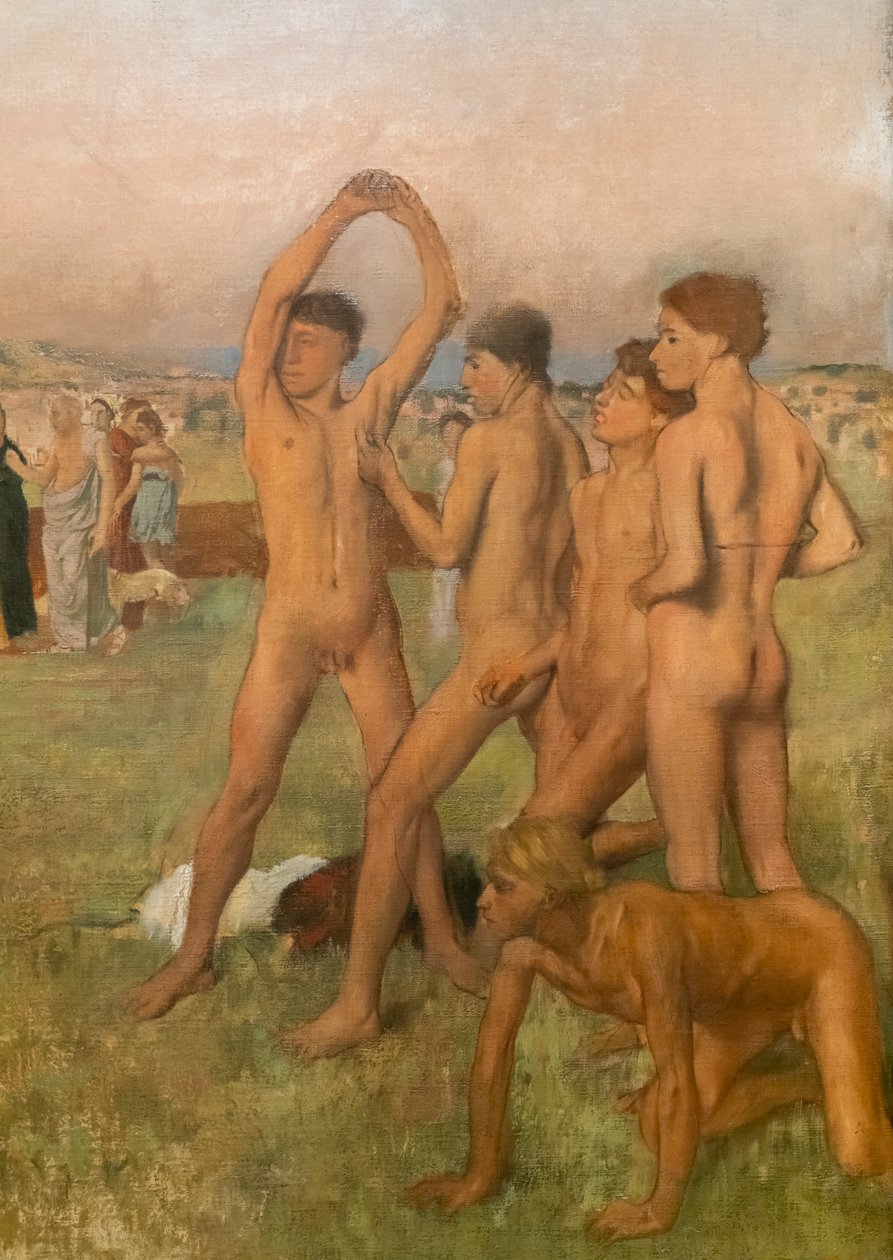 Pienet spartalaiset tytöt provosoivat poikia (yksityiskohta). Noin 1860-1862, jatkui ennen vuotta 1880. Öljy kankaalle tekijältä Edgar Degas