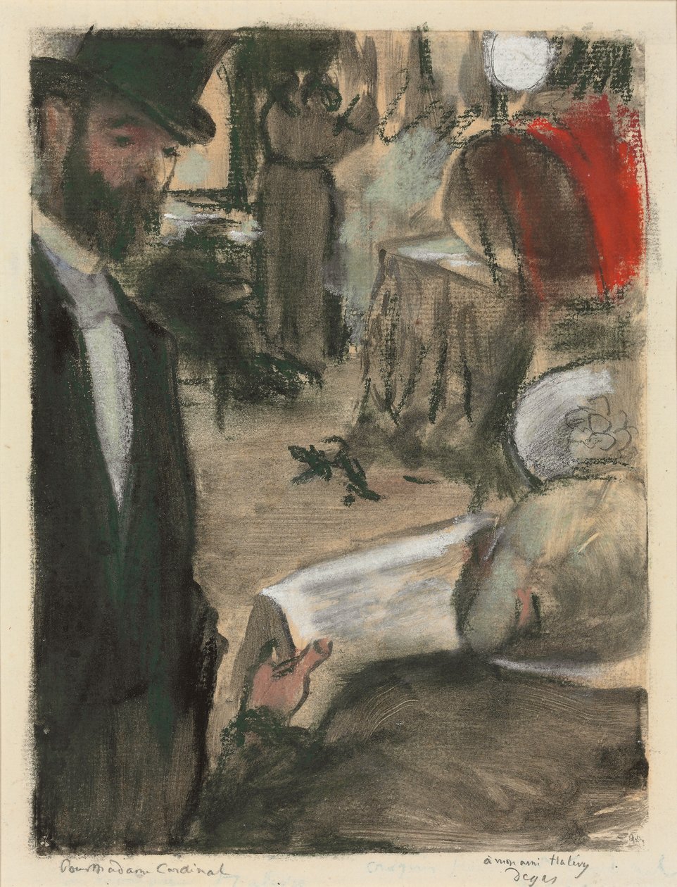 Ludovic Halevy löysi Madame Cardinalin oleskelutilasta; Ludovic Halevy löytää Madame Cardinalin laatikosta, 1876-1877 tekijältä Edgar Degas