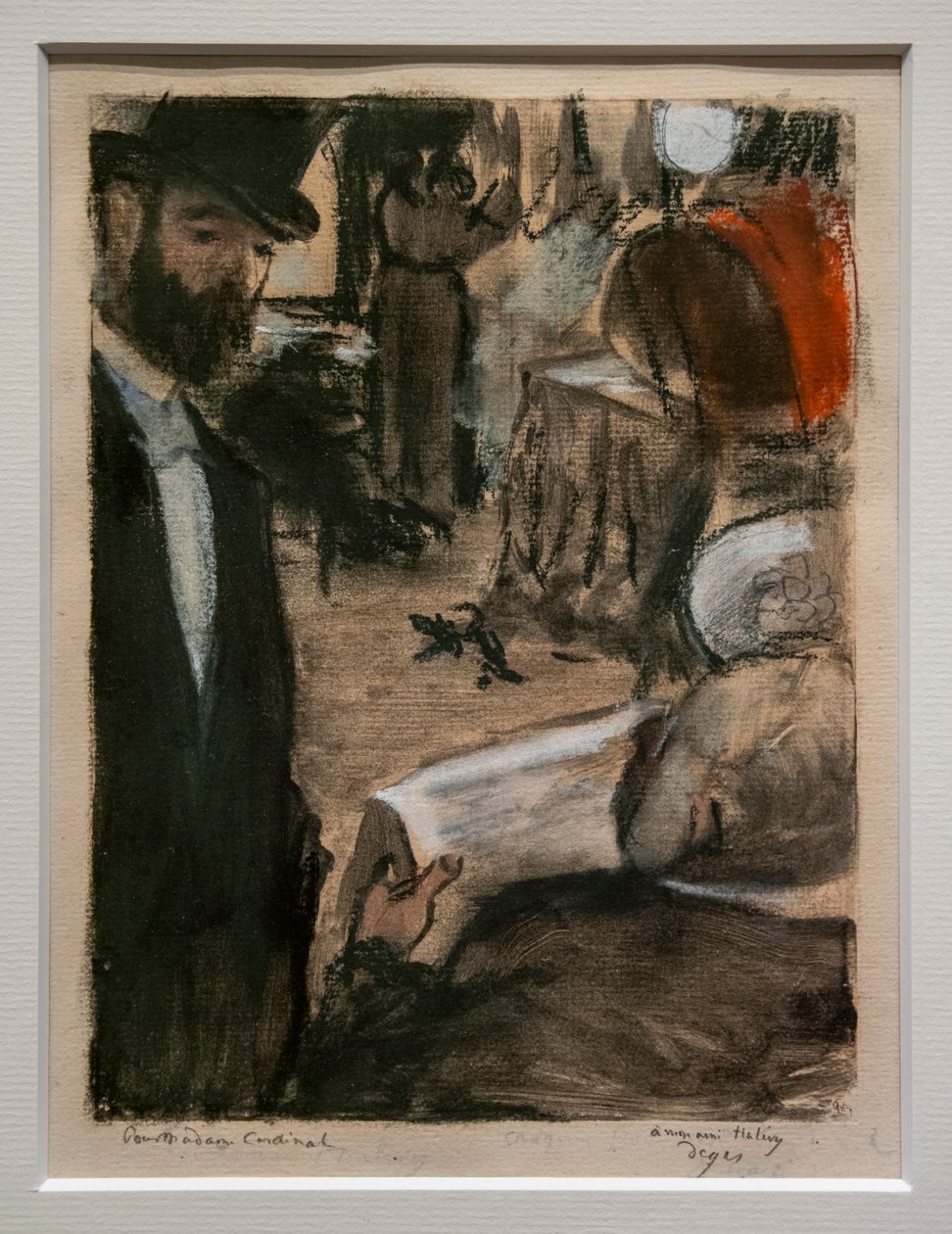 Ludovic Halevy löytää Madame Cardinalin pukuhuoneesta. Noin 1876-1877. Pastelli ja lyijykynä monotypialla. tekijältä Edgar Degas