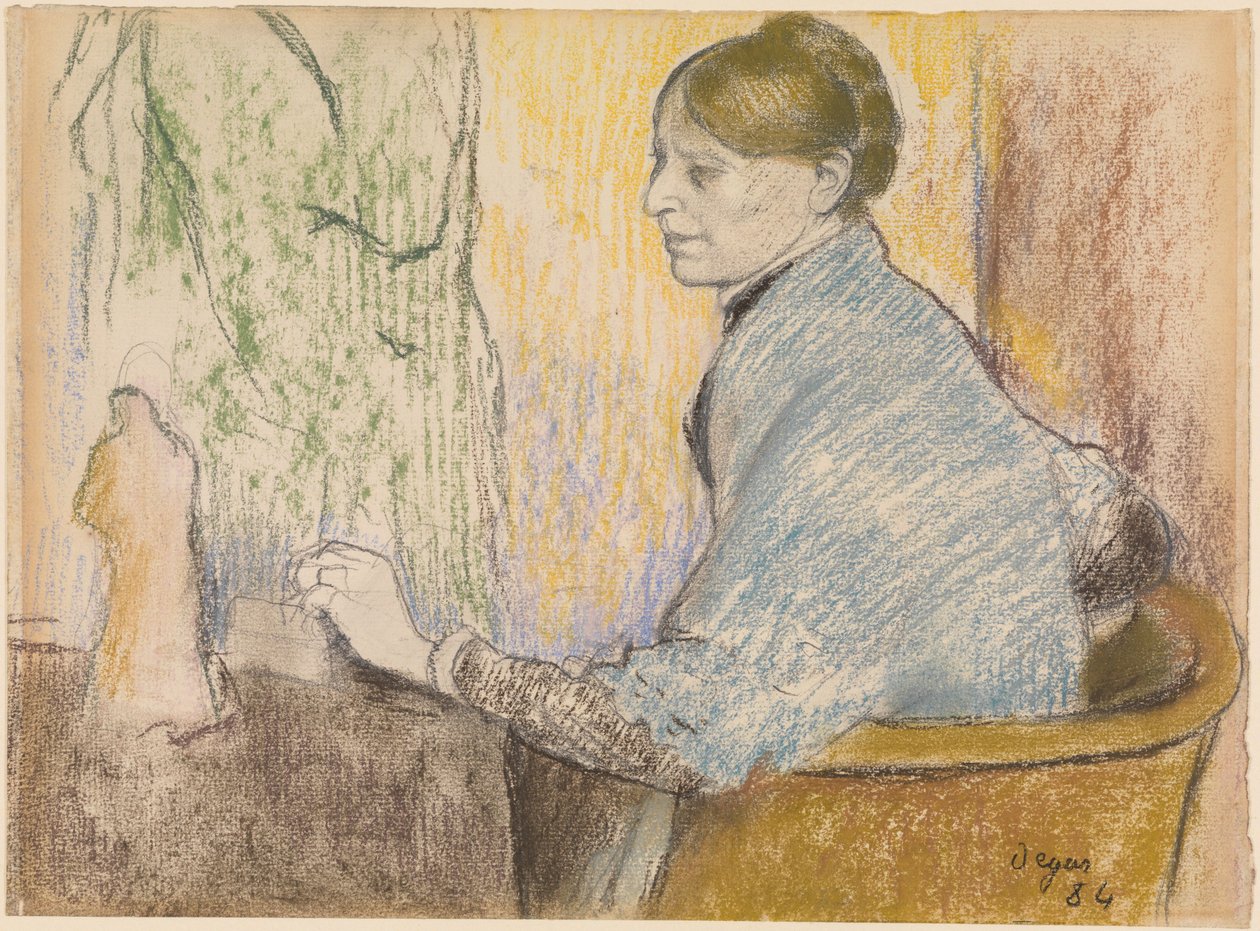 Madame Henri Rouart nojatuolissa Tanagra-patsaan sisältävän pienen pöydän edessä tekijältä Edgar Degas