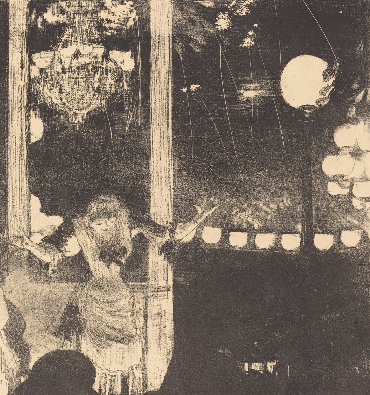 Mademoiselle Becat Cafe des Ambassadeursissa, noin 1877 (litografia intialaiselle paperille). tekijältä Edgar Degas