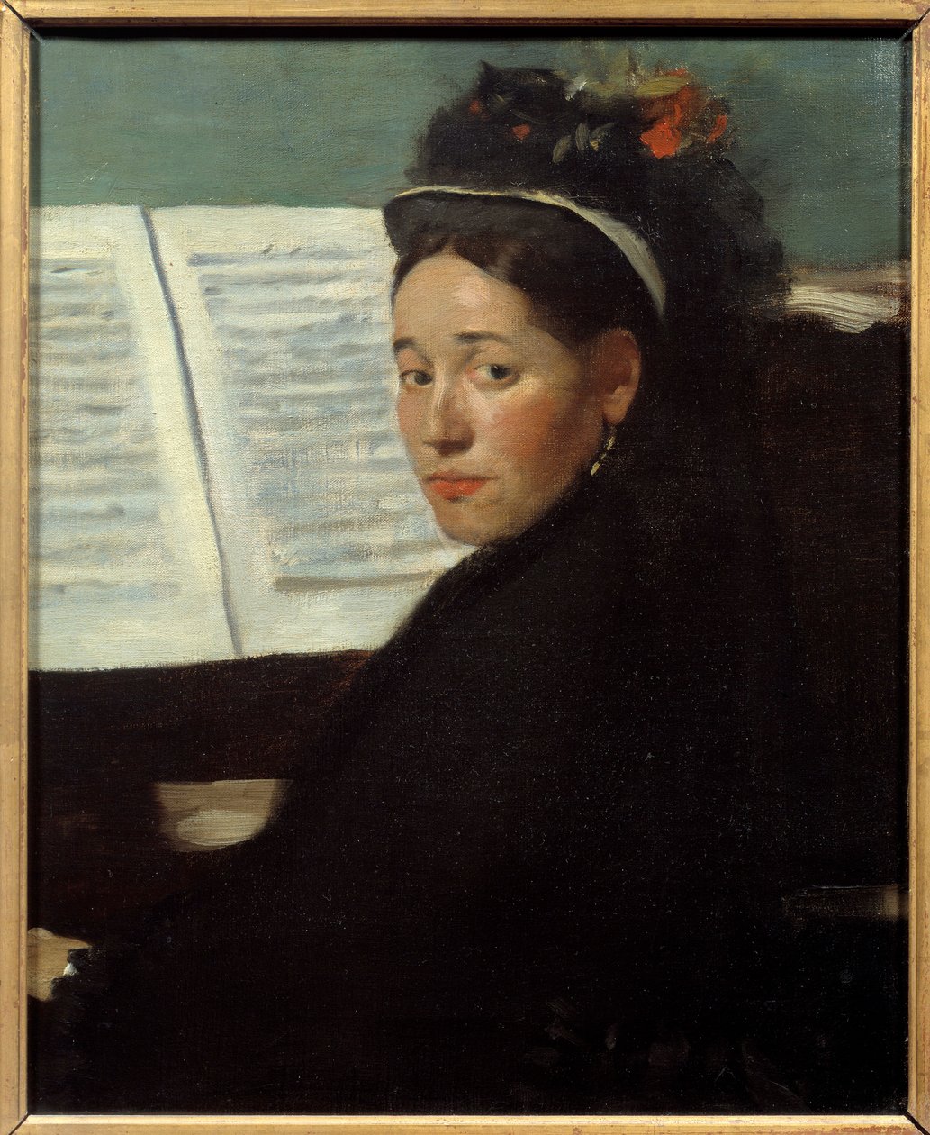 Mademoiselle Dihau (1843-1935) konserttipianisti Kolumni, pianolla Edgar Degasin (1834-1917) maalaus 1869 su. 0,45x0,32 m Pariisi, musee d