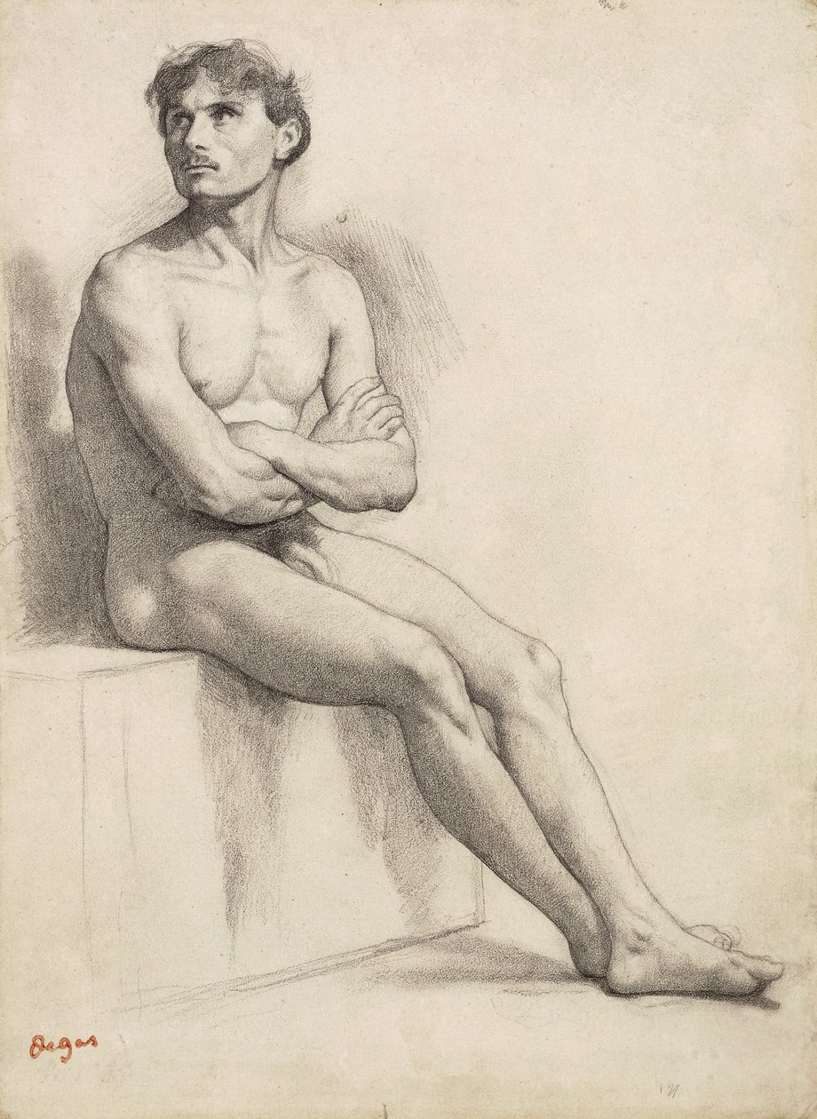 Mies istuva, alastontutkimus, 1858 tekijältä Edgar Degas