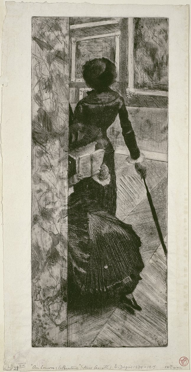 Mary Cassatt maalausgalleriassa Louvressa, 1879-80 tekijältä Edgar Degas