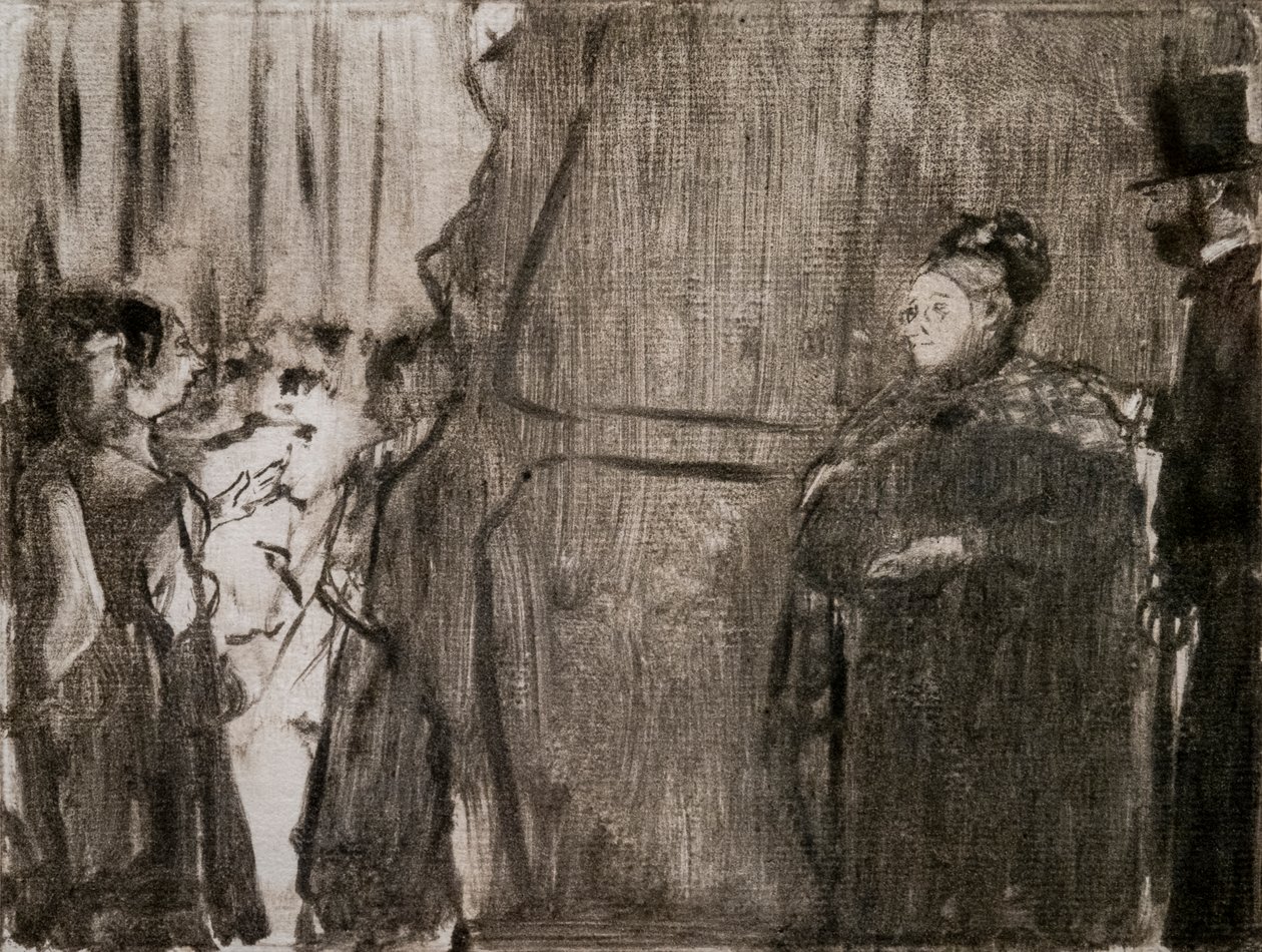 Kilalanin sina Ludivic Halevy at Madame Cardinal sa likod ng mga eksena. Sa paligid ng 1876-1877. Ang monotype ay may itim na tinta.finn tekijältä Edgar Degas