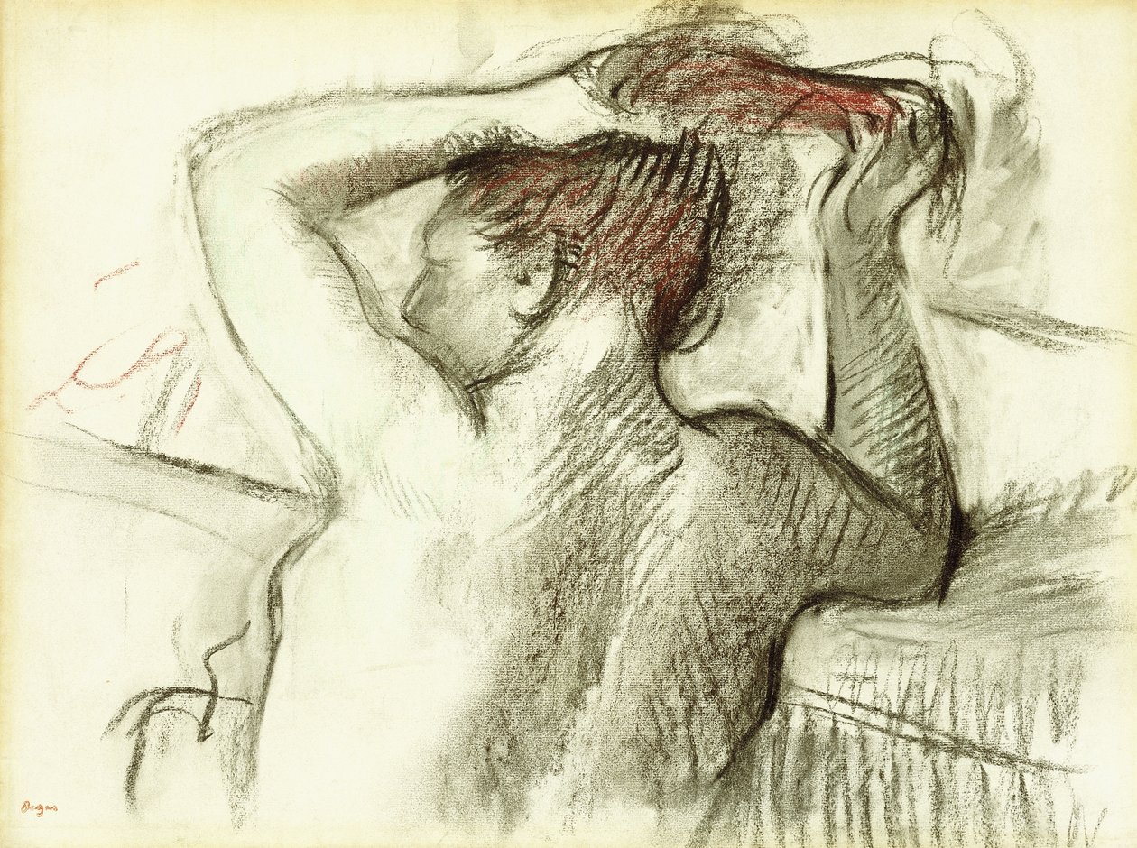 Alaston nainen muotoilemassa hiuksiaan tekijältä Edgar Degas
