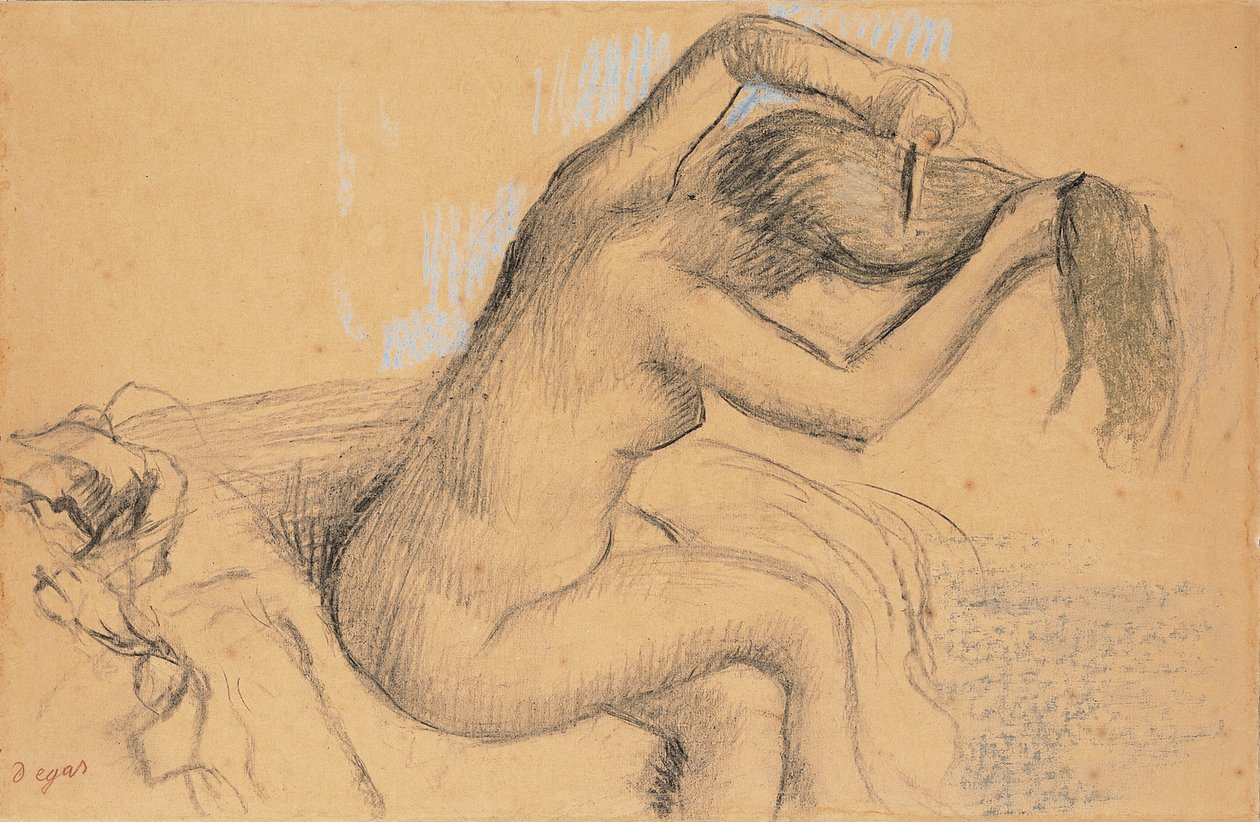 Alaston nainen muotoilemassa hiuksiaan; Hiuksiaan kampaava alaston nainen, n. 1890-1895 tekijältä Edgar Degas