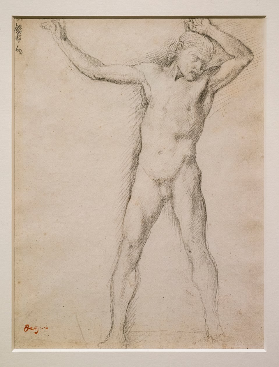 Alasti kasvot, kädet koholla, noin 1859-1861. Grafiittia veliinipaperilla. tekijältä Edgar Degas