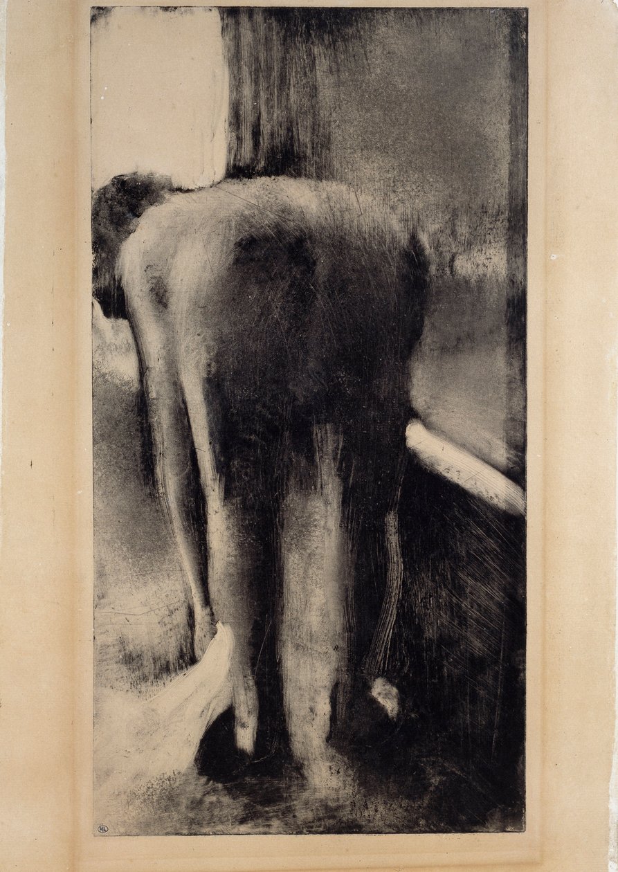 Alaston nainen jalkoja ammeen lähellä. Monotype mustalla musteella kirjoittanut Edgar Degas (1834-1917) 1879-1883 su. 0,45 x 0,23 m Pariisi. Louvren taidemuseo tekijältä Edgar Degas