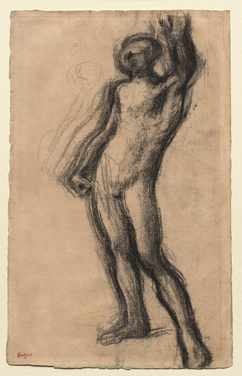 Alaston mies seisomassa, vasen käsi nostettuna, c. 1900. tekijältä Edgar Degas