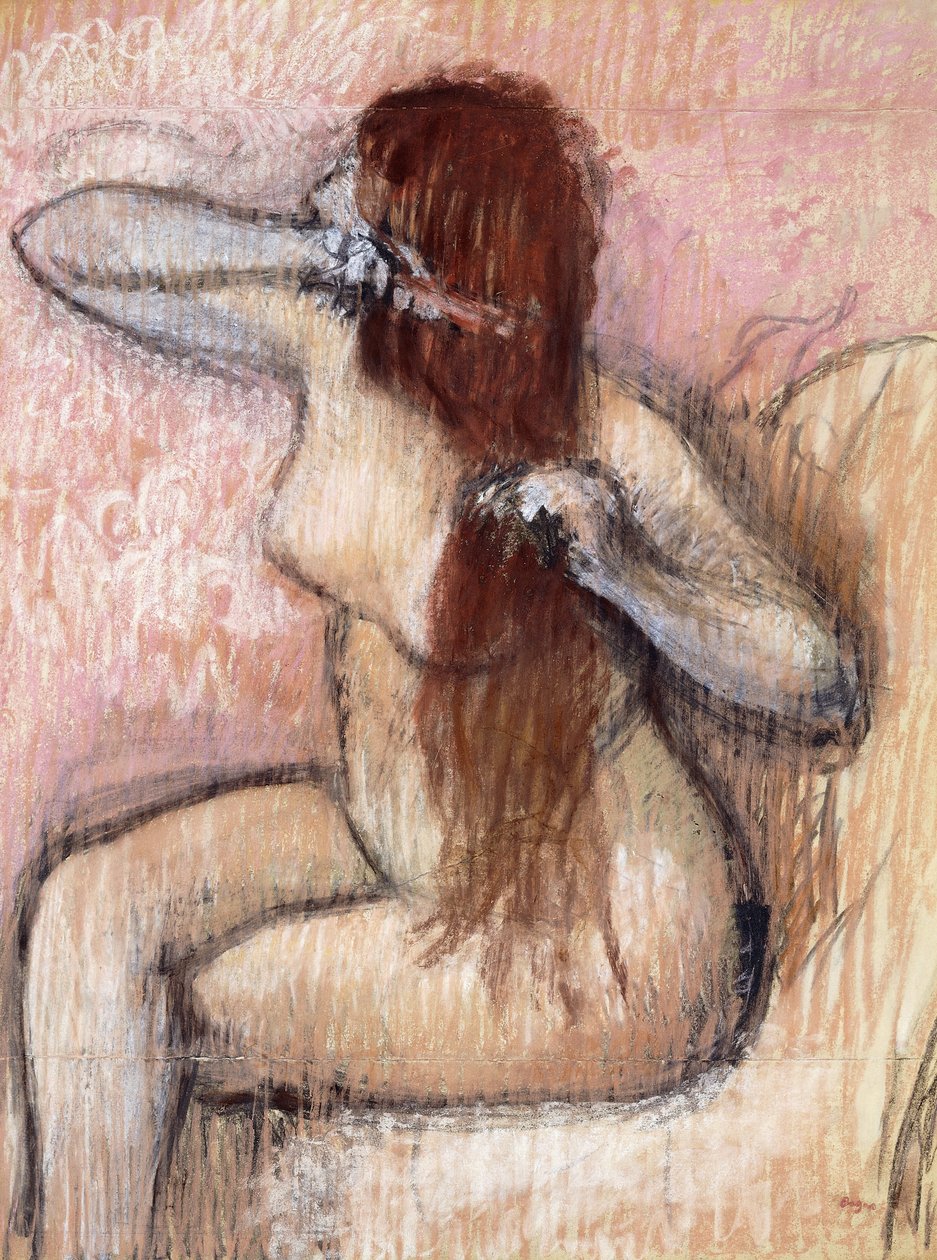 Alaston istuva nainen järjestämässä hiuksiaan; Istuva alaston nainen kampaamassa hiuksiaan, n. 1887-1890 tekijältä Edgar Degas