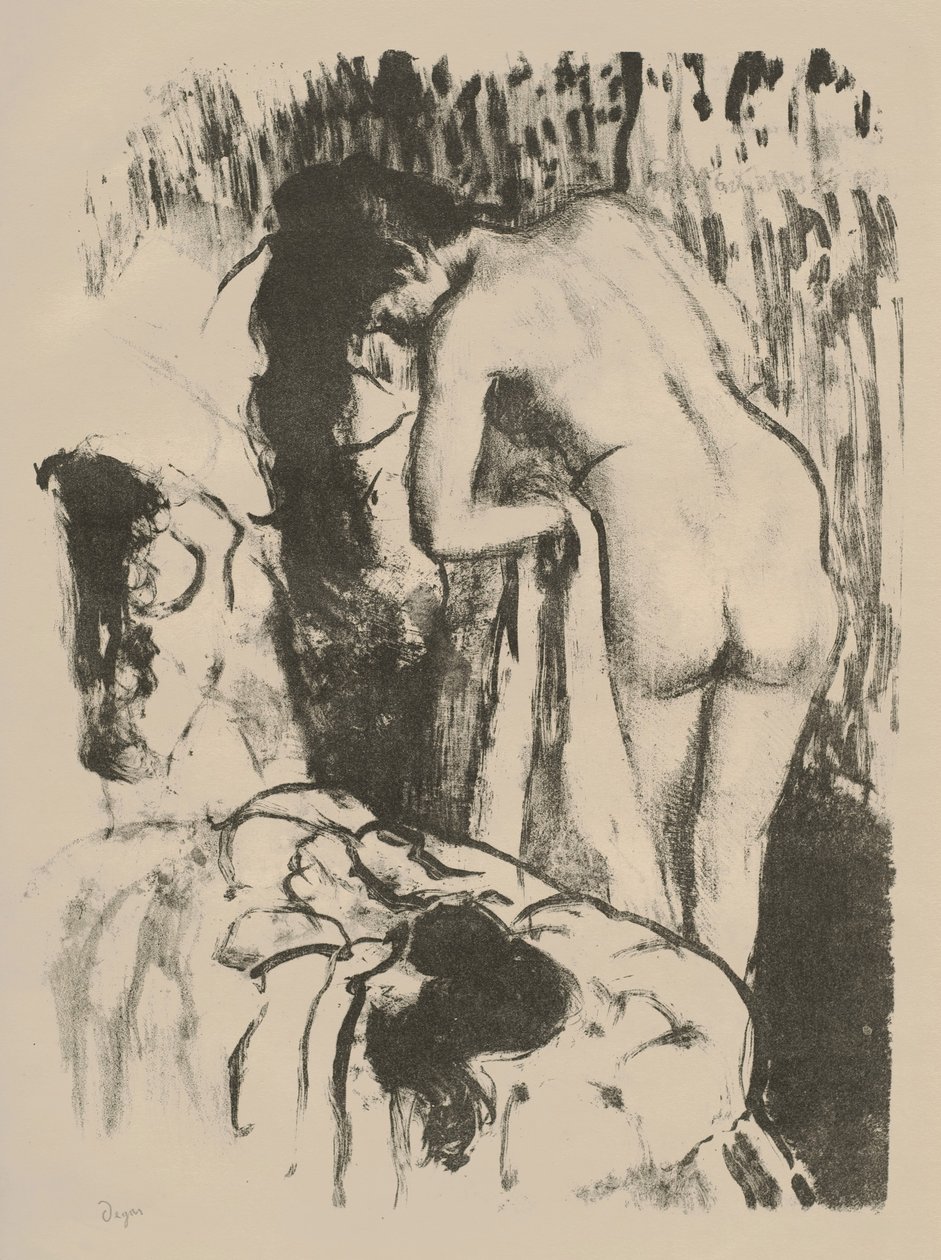 Alaston nainen seisomassa, kuivaamassa itseään, n. 1891-1892 (litho kudospaperille) tekijältä Edgar Degas