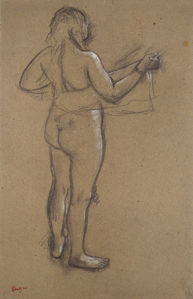 Alaston nainen, joka kuivaa itseään pyyhkeellä takaa katsottuna, 1800-luvun lopulla tekijältä Edgar Degas