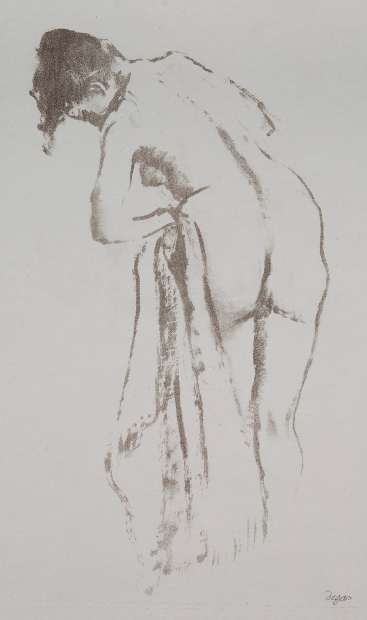 Alaston nainen pyyhkeellä seisomassa tekijältä Edgar Degas