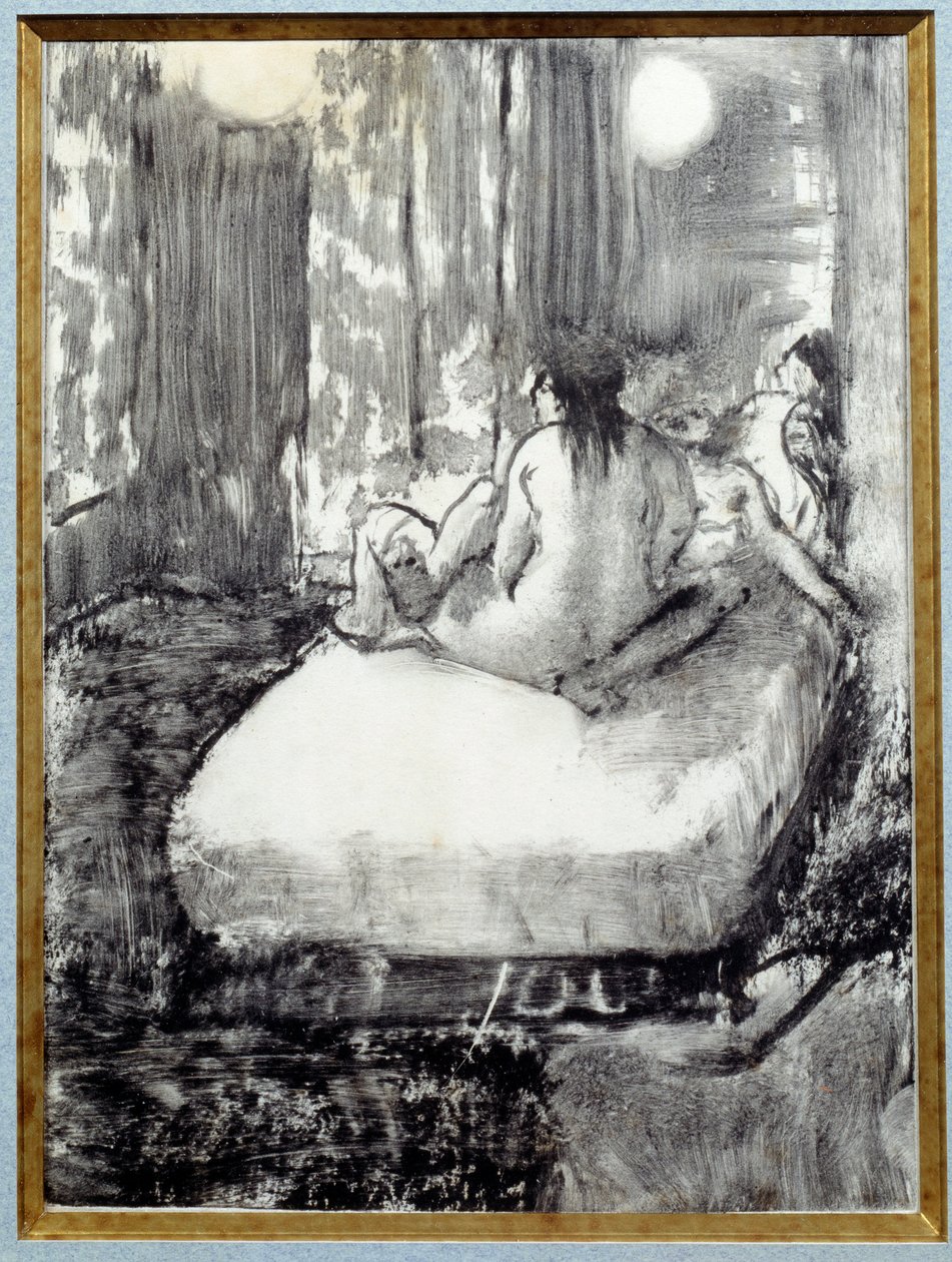 Sängyllä Monotype mustalla musteella kiinalaiselle paperille kirjoittanut Edgar Degas tekijältä Edgar Degas