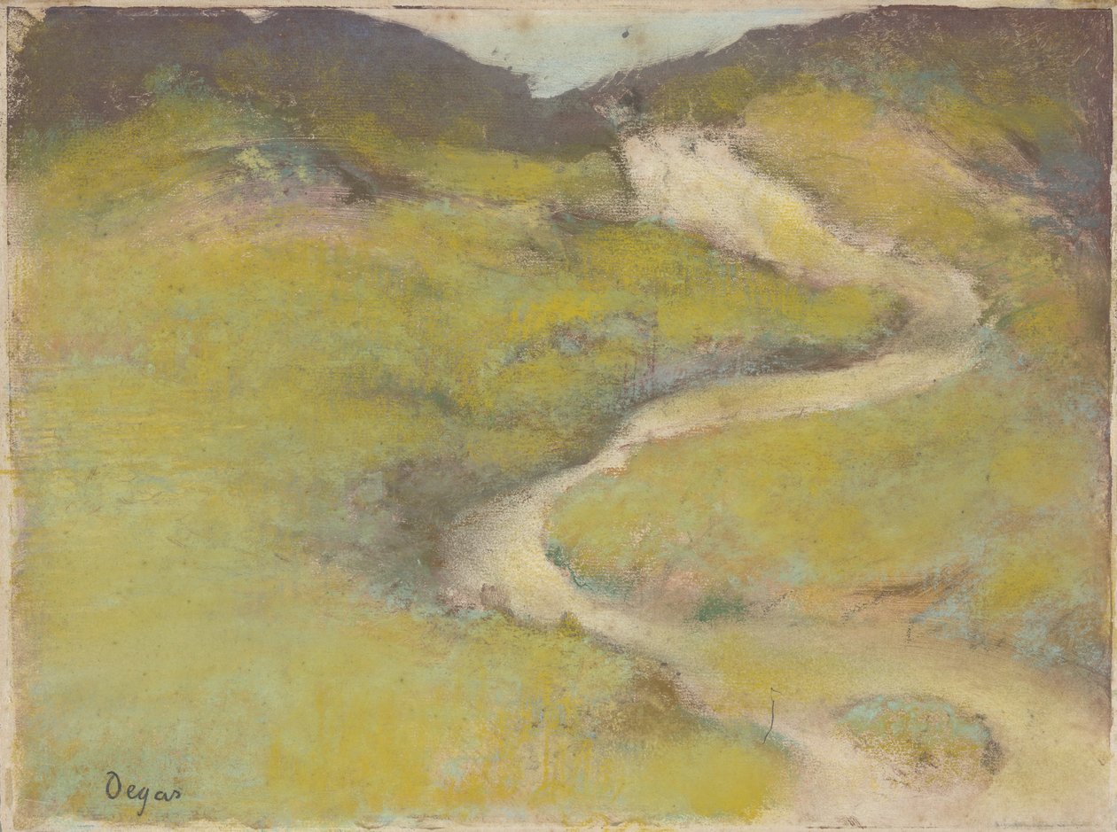 Polku pellolla, 1890 (pastelli ja öljymonotypia) tekijältä Edgar Degas