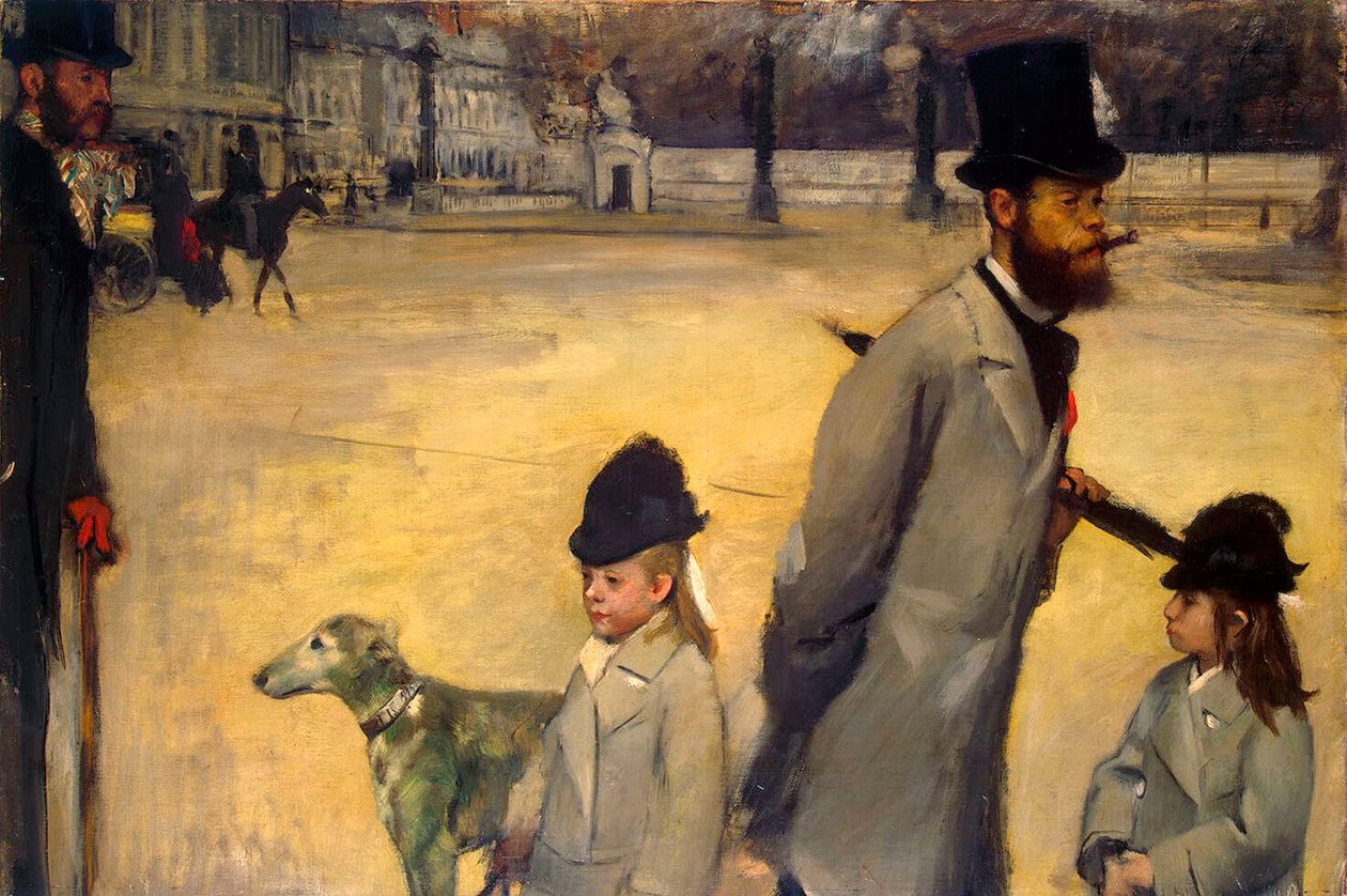 Place de la Concorde, varakreivi Lepic ja hänen tyttärensä ylittämässä Place de la Concordea, 1875. tekijältä Edgar Degas