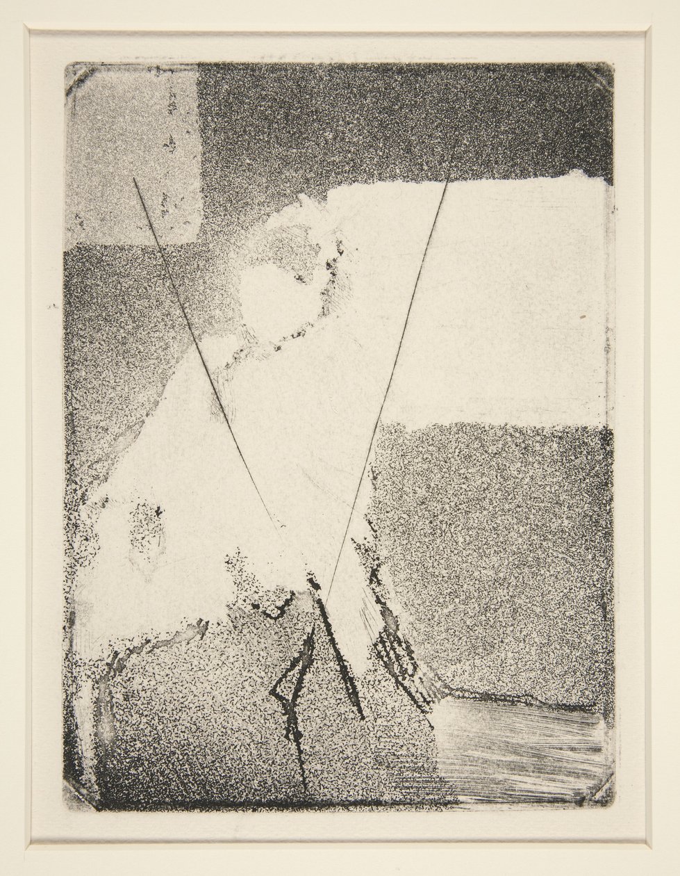 Istuva nainen päähine ja huivi päässään, noin 1879 (etsaus ja akvatintta). tekijältä Edgar Degas