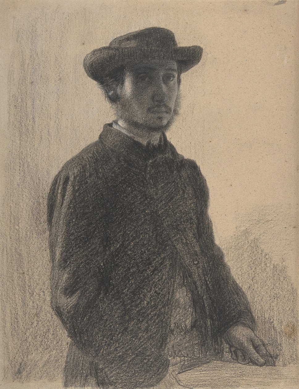 Omakuva, noin 1857 (mustaa liitua ja grafiittia valkoisella, beigeä vohvelipaperia). tekijältä Edgar Degas