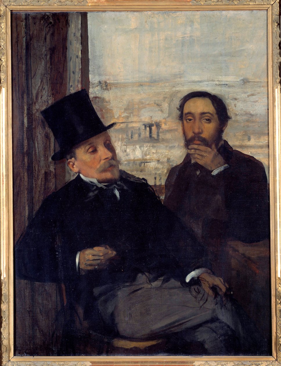 Omakuva taidemaalari Evariste de Valernesin (1816-1896) kanssa Edgar Degas edusti itseään oikealla. Edgar Degasin (1834-1917) maalaus 1865 su. 1,16x0,89 m Pariisi, musee d